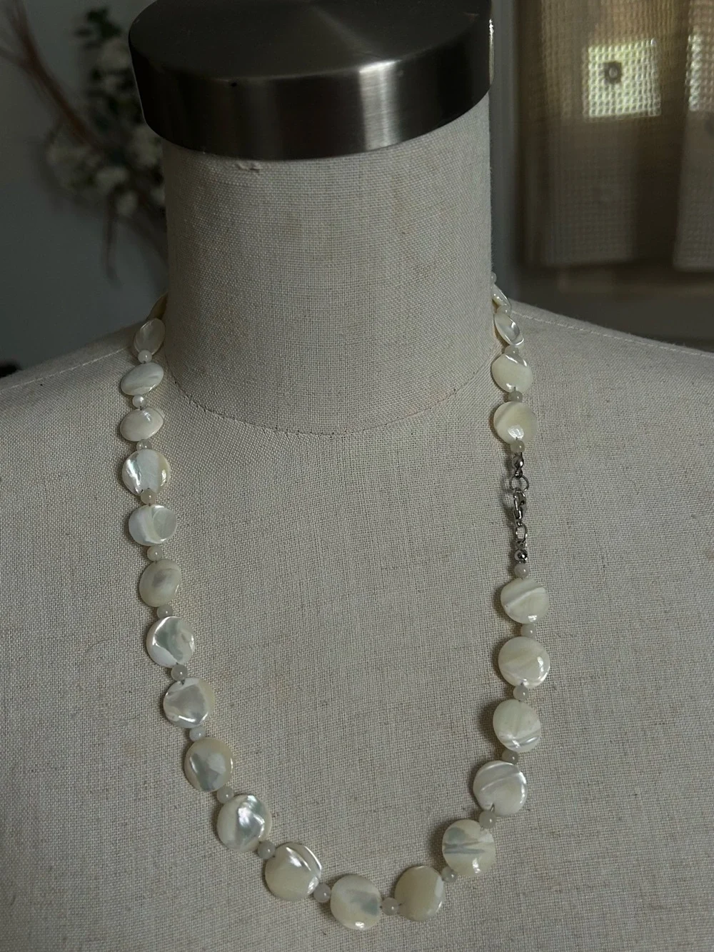 Vintage Mother-of-Pearl Disc & Moon Stone Space Beads Necklace